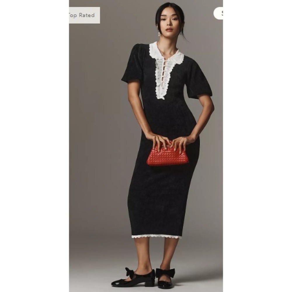 Anthropologie Midi Dress Women's Small Black Crochet Lace Collar Puff Sleeve